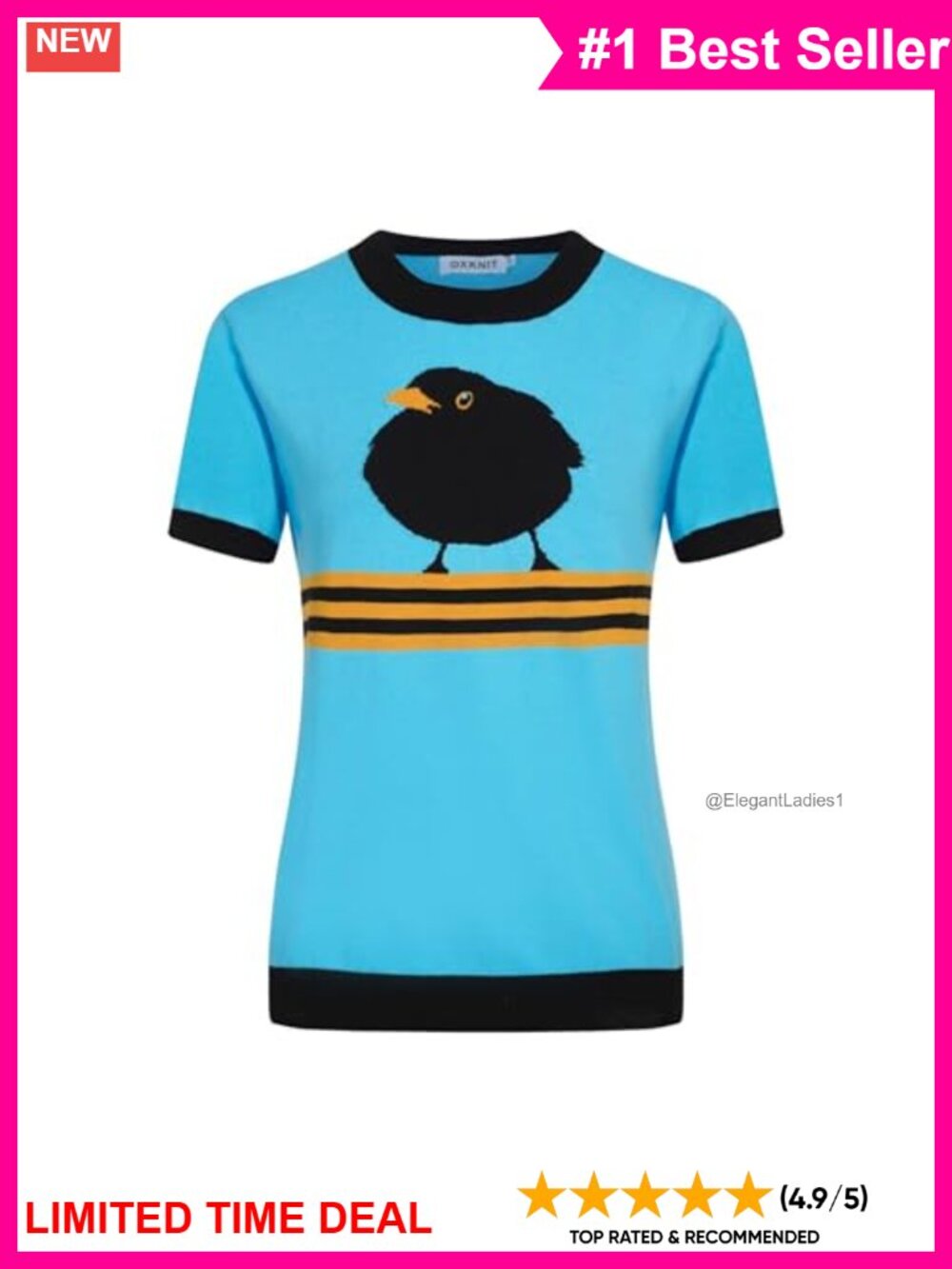OXKNIT Women's Knitted T-Shirt Short Sleeve 1960s Mod Style Birds Pattern
